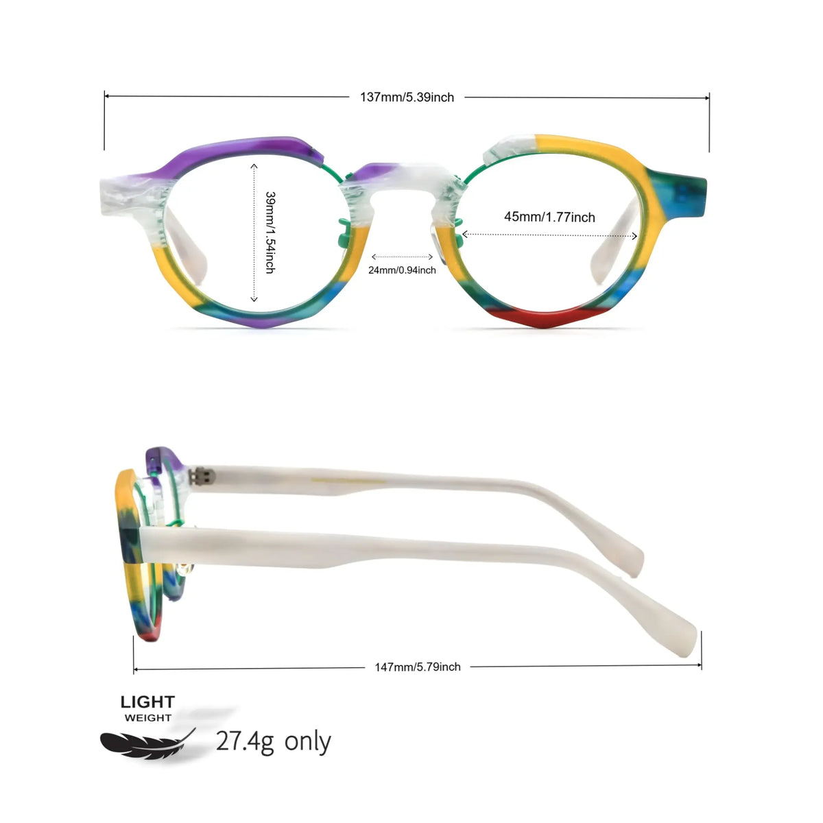 Size chart of VoyueLens Rainbow Frost VL19378 eyeglasses with detailed measurements
