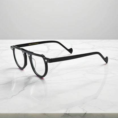 Sleek side profile of Charcoal Black round acetate glasses from VoyueLens