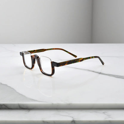 Side view of VoyueLens square glasses with warm tortoise pattern, acetate material, modern optical eyewear