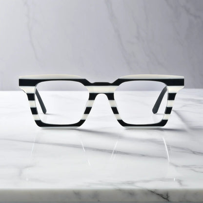 Front view of VoyueLens Zebra Noir eyeglasses in Zebra Noir – black and white striped color block design